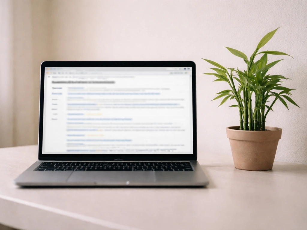Laptop with blurred municipal code guidance about bamboo and a small bamboo plant on a desk.