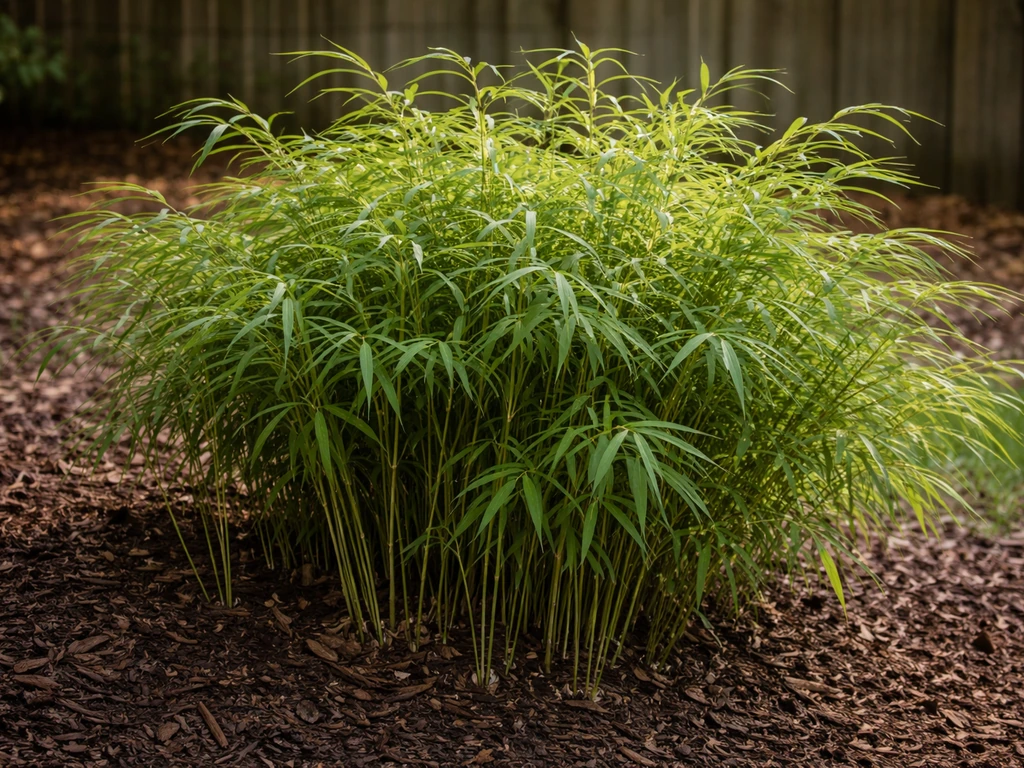 Close-up of a dense clumping bamboo (Fargesia-style) with arching green culms and fine foliage in a garden bed.