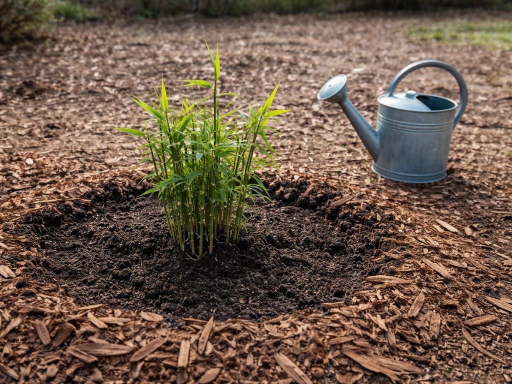 Freshly planted bamboo clump in prepared soil with mulch and a nearby watering bucket in spring.