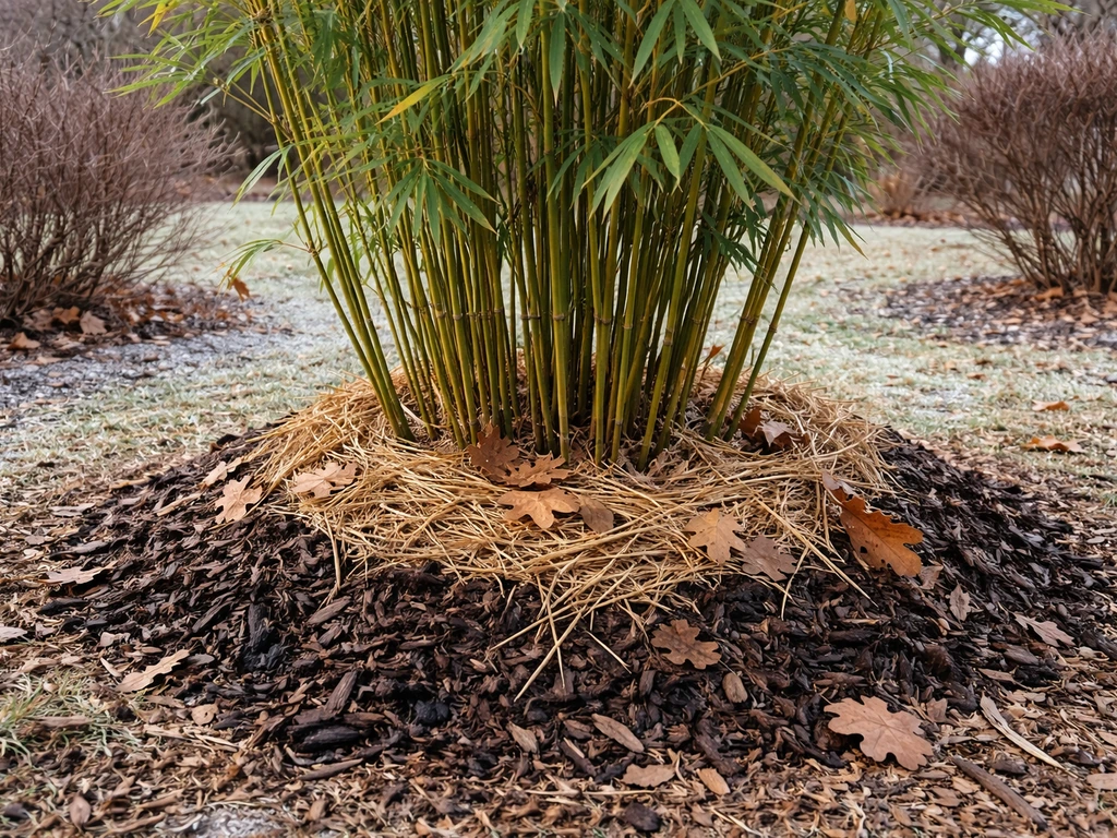 Close view of bamboo base protected with heaped mulch in a winter garden.