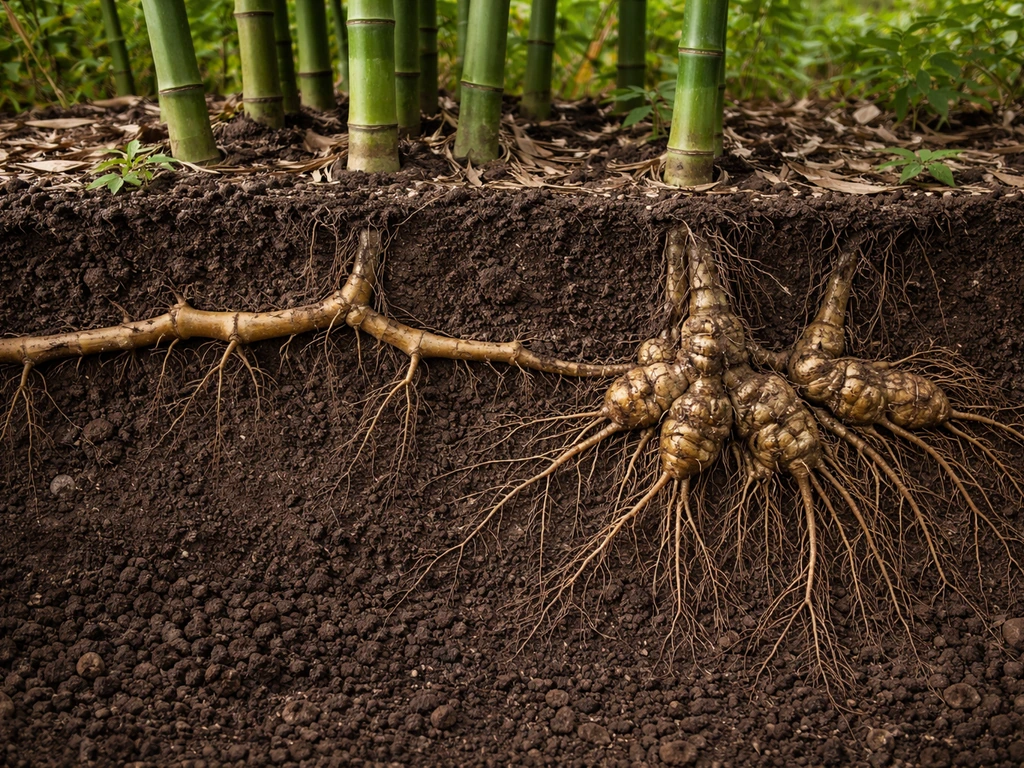 Minimal cross-section of bamboo with culms above ground and rhizomes spreading underground in soil.