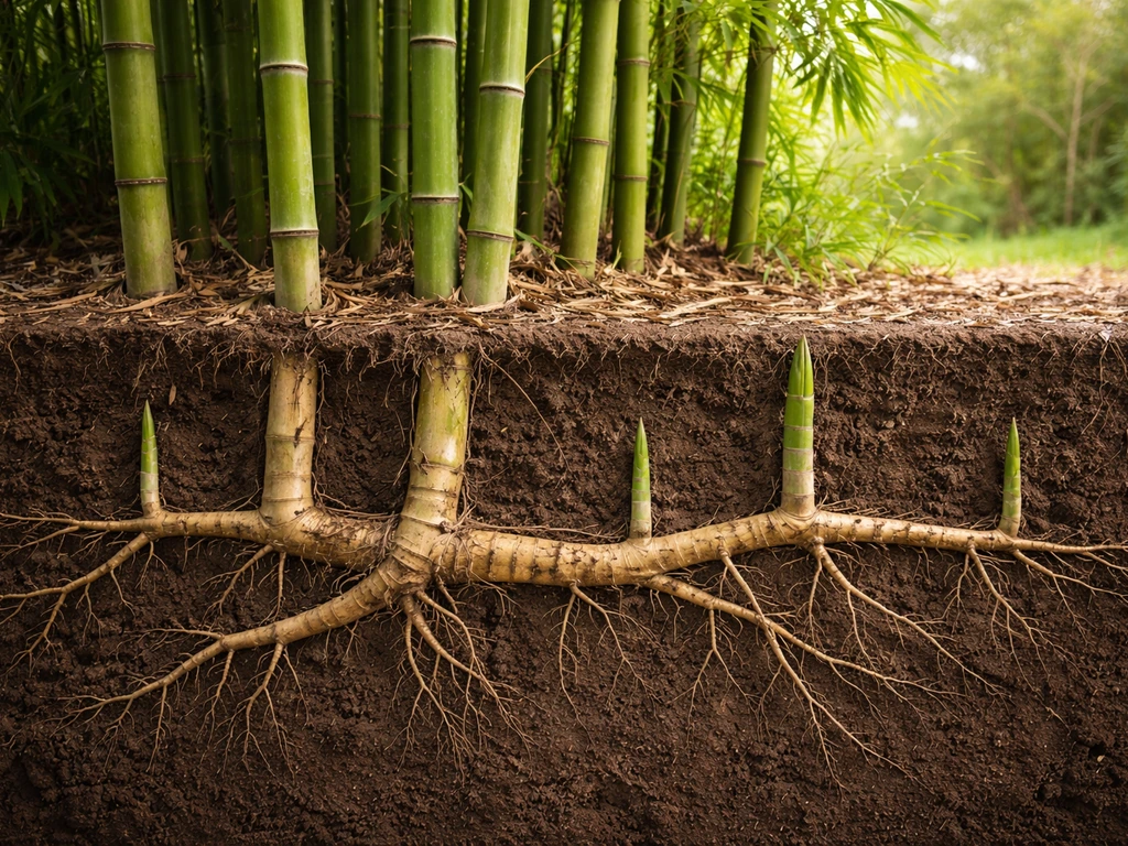 Photo-style cutaway showing bamboo culms above ground and rhizomes branching underground.