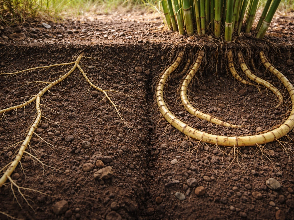 Underground soil view showing running bamboo rhizomes spreading far left and clumping rhizomes curving back right.