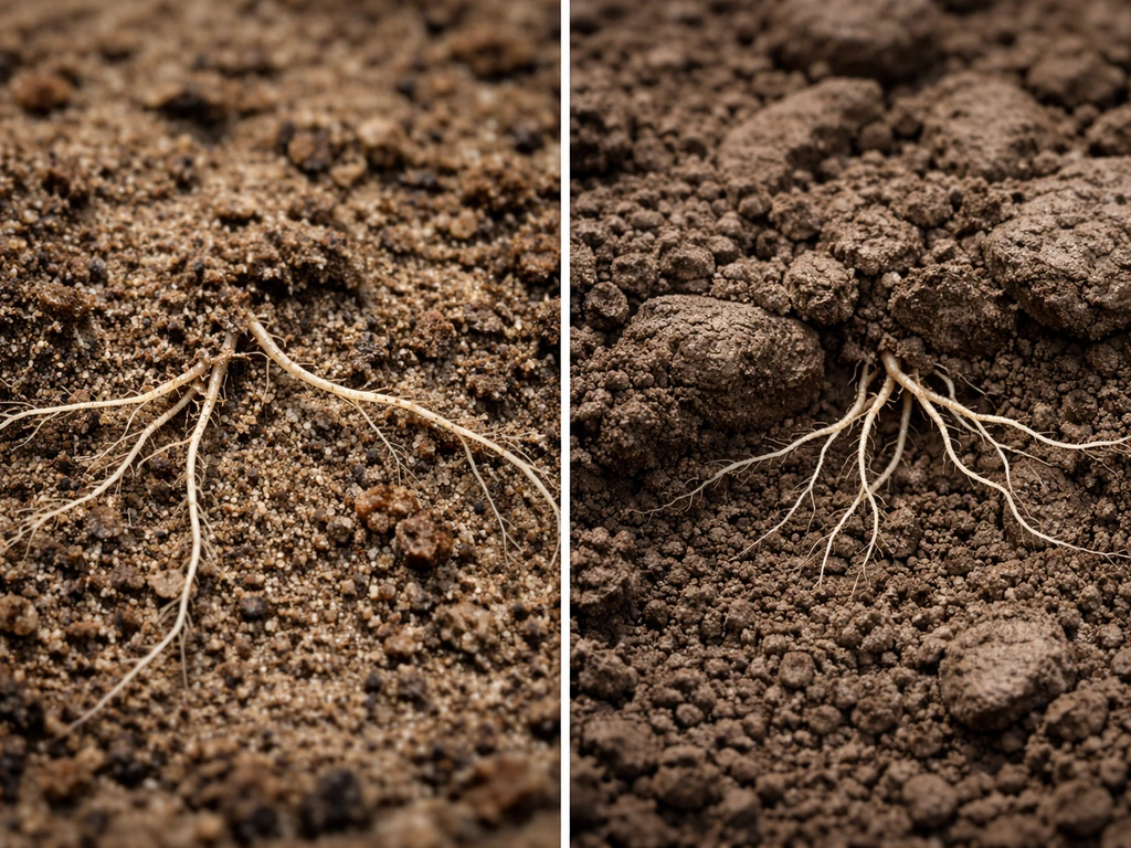 Closeup of loose sandy soil next to compact clay, with implied rhizome paths showing easier movement