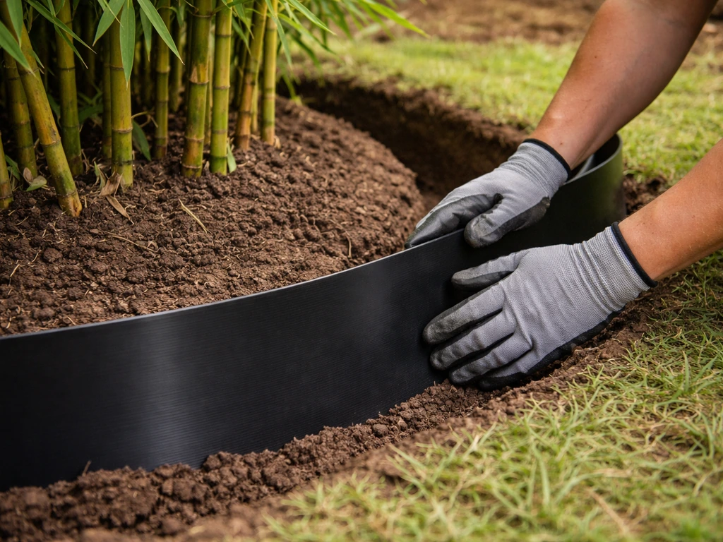 Gloved hands fitting a thick black HDPE rhizome barrier around running bamboo, showing trench depth and above-ground lip