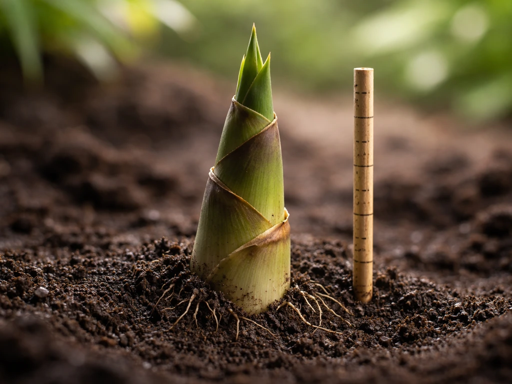 Bamboo culm shoots upward from soil, dramatic close-up with subtle time-lapse feel and a small height reference
