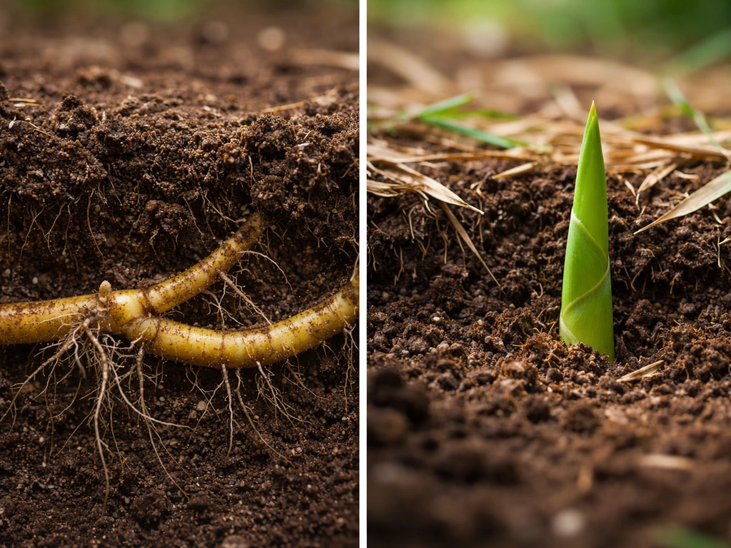 Split-style photo showing bamboo rhizomes underground and a short above-ground shoot emerging quickly.
