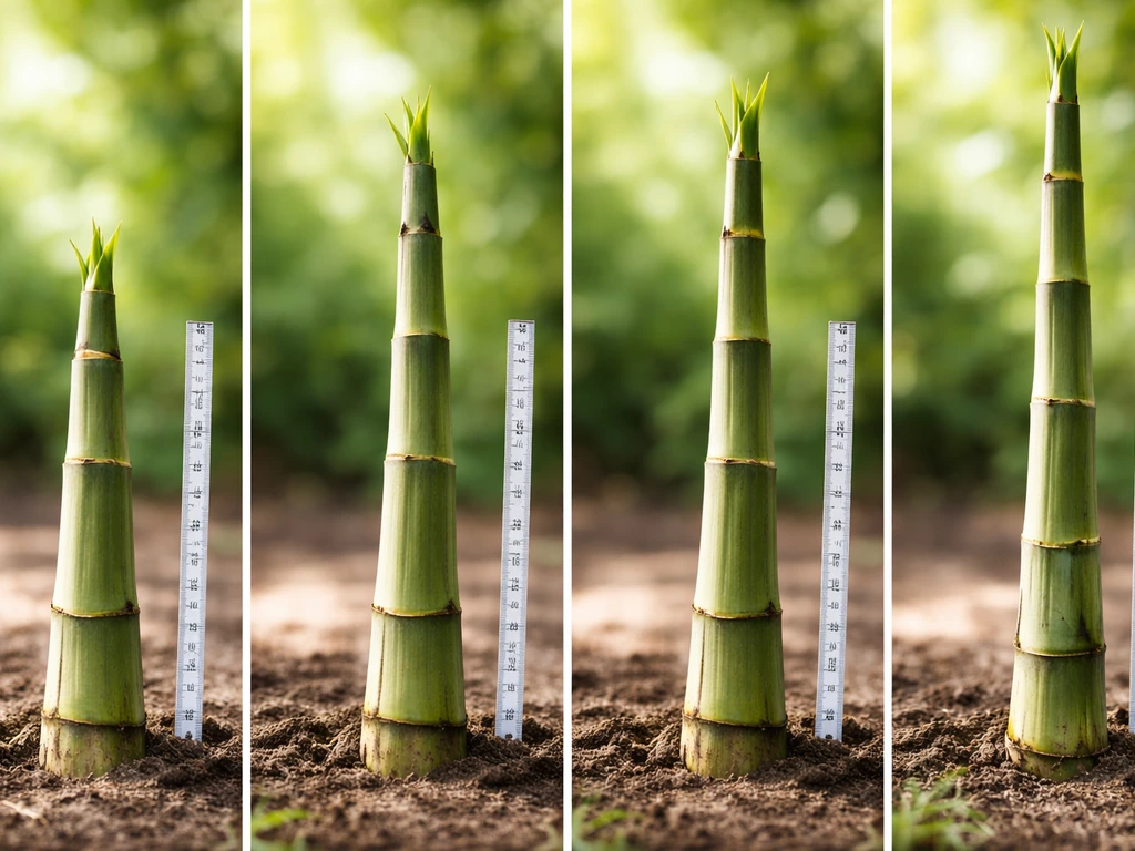 A minimal sequence-style photo of a bamboo culm with a measuring tape showing rapid height increase over time.