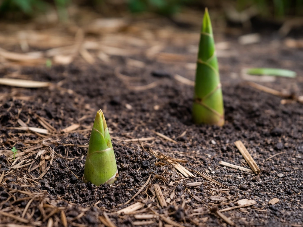 Close-up of bamboo culm emerging from soil, with a later shoot elongation phase in the background