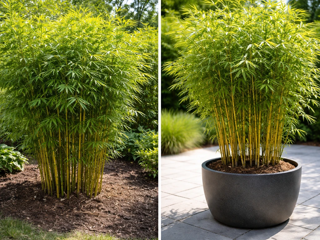 Side-by-side outdoor garden bamboo in-ground bed and bamboo in a large pot, showing different growth.