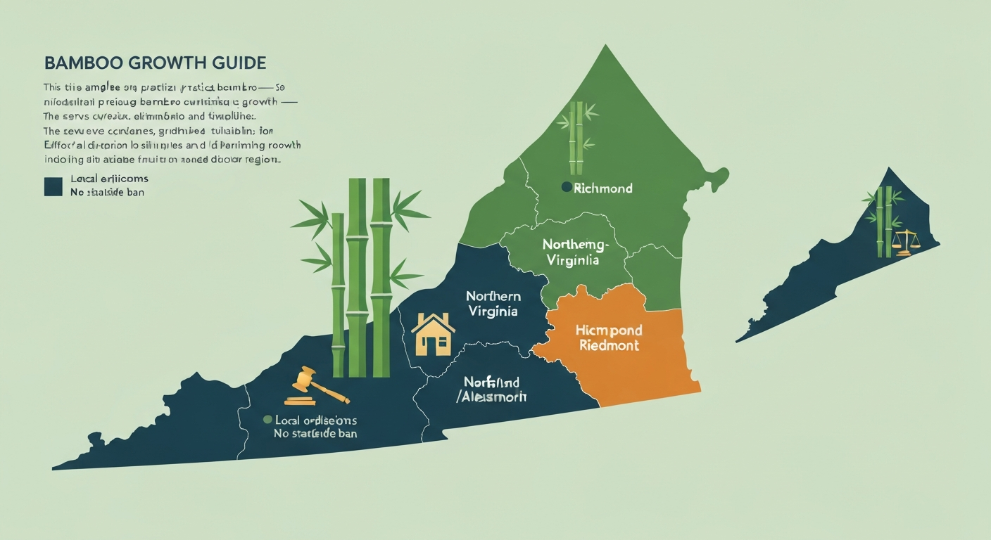 Illustrated map of Virginia with counties highlighted to show areas with running-bamboo ordinances and icons for bamboo, homes, and law.